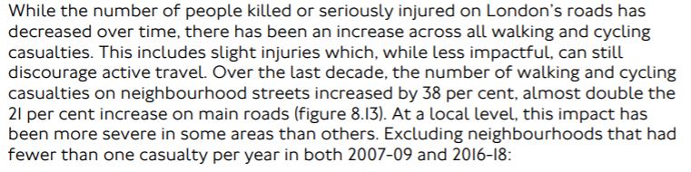 While the number of people killed or seriously injured on London’s roads has decreased over time, there has been an increase across all walking and cycling casualties. This includes slight injuries which, while less impactful, can still discourage active travel. Over the last decade, the number of walking and cycling casualties on neighbourhood streets increased by 38 per cent, almost double the 21 per cent increase on main roads (figure 8.13). At a local level, this impact has been more severe in some areas than others. Excluding neighbourhoods that had fewer than one casualty per year in both 2007-09 and 2016-18: