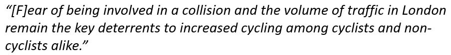 “Fear of being involved in a collision and the volume of traffic in London remain the key deterrents to increased cycling among cyclists and non-cyclists alike.”