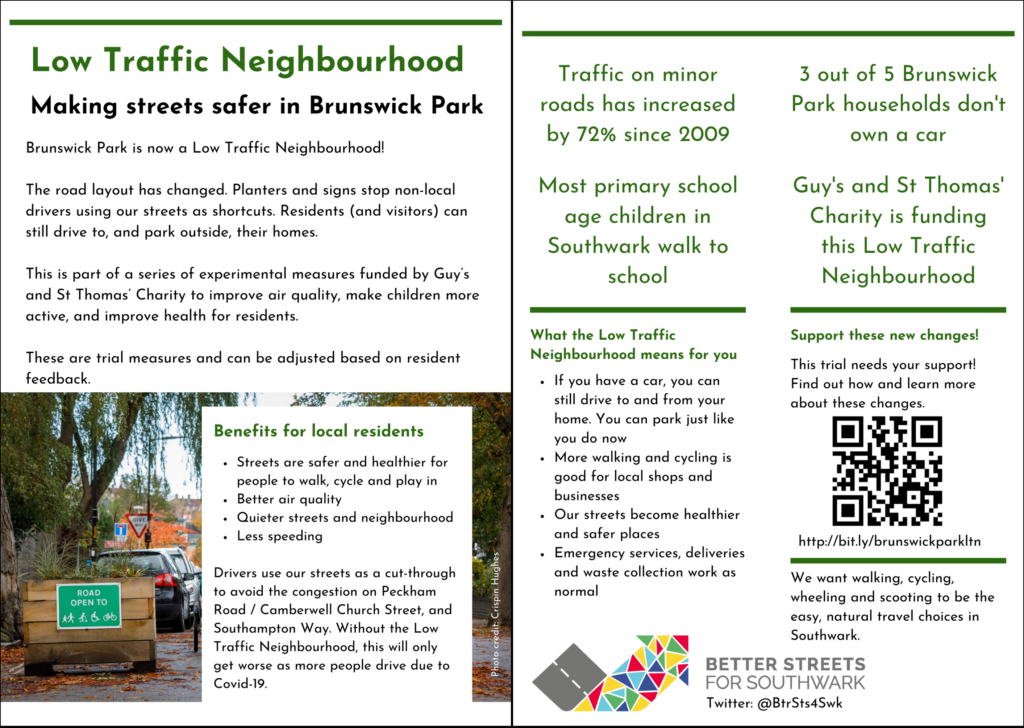 Flyer for the Brunswick Park Low Traffic Neighbourhood